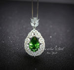 Chrome Diopside Necklace - Diamond Flourishing Wheat Style - Teardrop Pear Cut - 18KGP @ Sterling Silver - 3 CT Green Diopside Pendant #885