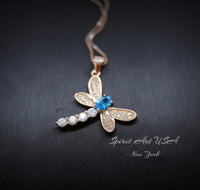 Dragonfly Blue Topaz Necklace - Rose Gold Coated 925 Sterling Silver #338