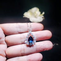 Blue Sapphire Necklace 18kgp Sterling Silver - Gemstone Halo - Teardrop Blue Sapphire Pendant - September Birthstone - Pear Cut 2.6 CT #954