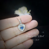 Blue Sapphire Necklace Gemstone Double Halo Heart Style 18kgp @ Sterling Silver Dainty Blue Sapphire Heart Pendant September Birthstone #296