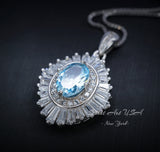 Luxury Aquamarine Necklace - Halo Sim Gemstone 18kgp @ Sterling Silver - Sky Blue Aquamarine Pedant - March Birthstone #537