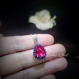 Luxury Teardrop Ruby Necklace - Blue Sapphire Halo Pear Cut 3.75 CT Large Ruby Pendant - 18KGP @ Sterling Silver #589