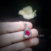 Luxury Teardrop Ruby Necklace - Blue Sapphire Halo Pear Cut 3.75 CT Large Ruby Pendant - 18KGP @ Sterling Silver #589