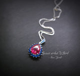 Luxury Teardrop Ruby Necklace - Blue Sapphire Halo Pear Cut 3.75 CT Large Ruby Pendant - 18KGP @ Sterling Silver #589