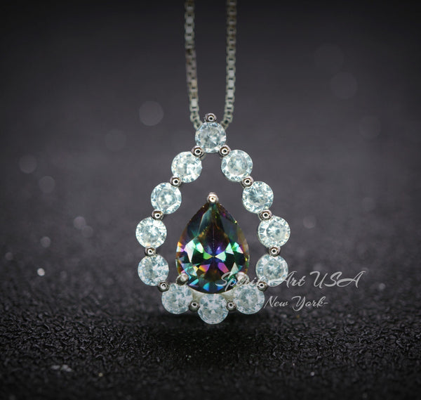 Mystic Topaz Necklace - 18kgp Sterling Silver - Gemstone Halo - Teardrop Rainbow Mystic Topaz Pendant - Pear Cut 2.6 CT #399