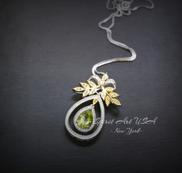 Teardrop Genuine Peridot Necklace The Tree Of Life Pendant 18KGP @ Sterling Silver Olive branch 2.5 Ct Pear Cut Green Peridot Jewelry #862