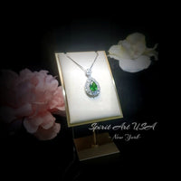 Chrome Diopside Necklace - Diamond Flourishing Wheat Style - Teardrop Pear Cut - 18KGP @ Sterling Silver - 3 CT Green Diopside Pendant #885