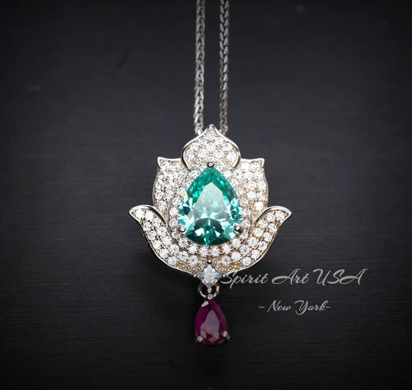 Green Paraiba Tourmaline Necklace - 18KGP @ Sterling Silver - Gemstone Lotus Flower Necklace - Large Paraiba Pendant #923