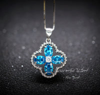 Blue Topaz Necklace - Four Leaf Clover Blue Topaz Pendant - Full Sterling Silver Blue Gemstone Jewelry #135