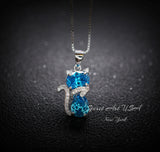 Cat Blue Topaz Necklace, Kitty Cat Swiss Blue Topaz Pendant Gemstone White Gold Plated Sterling Silver Pets Lover Jewelry #216