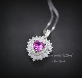 Double Halo Pink Sapphire Necklace - Pink Heart Pendant - 18KGP @ Sterling Silver - Dainty Fuchsia Red Pink Sapphire Pendant #298