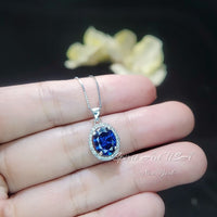 Halo Blue Sapphire Necklace - Oval 2 CT Royal Blue Gemstone Pendant - Gemstone White Gold Coated Sterling Silver - September Birthstone #285