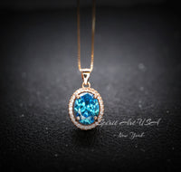 Dainty Blue Topaz Necklace - 18KGP Rose Gold Halo Blue Topaz Pendant - November Birthstone #185