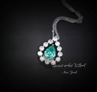 Green Paraiba Necklace - 18KGP @ Sterling Silver - 2.5 CT - Gemstone Halo Teardrop Green Paraiba Tourmaline Necklace #969