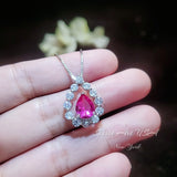 Pink Sapphire Necklace - Gemstone Halo - Pear Teardrop Cut - White gold - Sterling Silver - 2.5CT Fuchsia Red Sapphire Jewelry #957