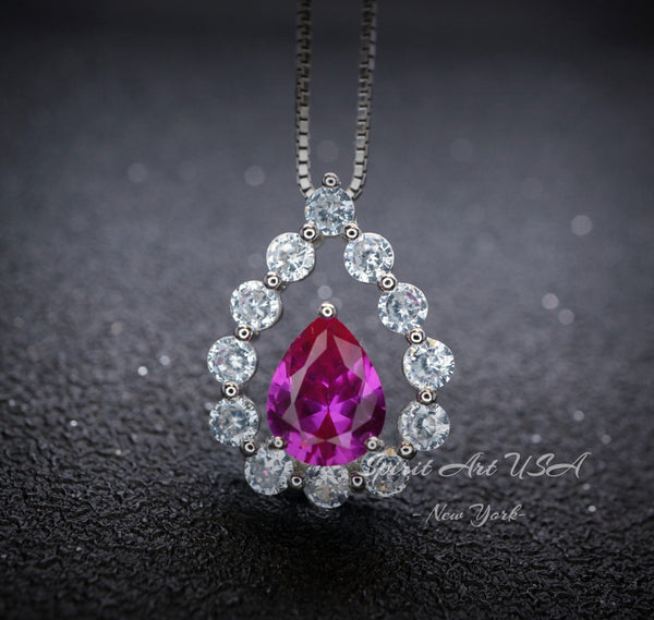 Pink Sapphire Necklace - Pear Teardrop Cut - White gold - Sterling Silver - 2.5CT Fuchsia Red Sapphire Jewelry #957B