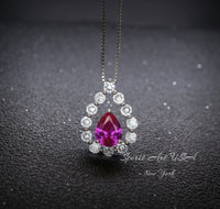 Pink Sapphire Necklace - Gemstone Halo - Pear Teardrop Cut - White gold - Sterling Silver - 2.5CT Fuchsia Red Sapphire Jewelry #957