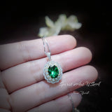 Double Halo Emerald Necklace - Green Emerald Pendant - 18kgp @ Sterling Silver - May Birthstone - Emerald Jewelry #593