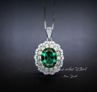 Double Halo Emerald Necklace - Green Emerald Pendant - 18kgp @ Sterling Silver - May Birthstone - Emerald Jewelry #593