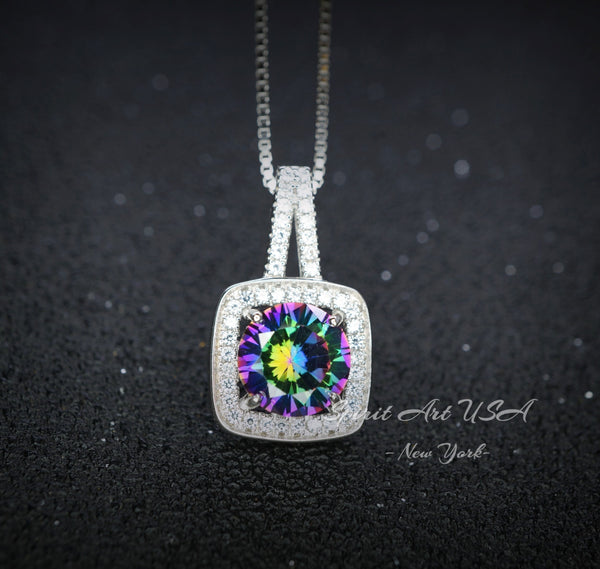 Mystic Topaz Pendant - 18KGP @ Sterling Silver - Gemstone Square Halo Solitaire - Royal Rainbow Topaz Jewelry #139