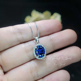 Halo Blue Sapphire Necklace - Oval 2 CT Royal Blue Gemstone Pendant - Gemstone White Gold Coated Sterling Silver - September Birthstone #285