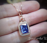 Tanzanite Necklace Rose Gold Sterling Silver 3.5 CT Rectangle Blue Tanzanite Pendant December Birthstone Solitaire Halo #469