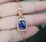 Tanzanite Necklace Rose Gold Sterling Silver 3.5 CT Rectangle Blue Tanzanite Pendant December Birthstone Solitaire Halo #469