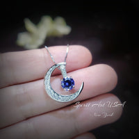 Blue Tanzanite Necklace - Gemstone Moon Pendant - 18KGP Sterling Silver - Crescent Two Separated Pendant Tiny December Birthstone #232