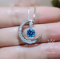 Blue Topaz Necklace Crescent Moon Pendant Sterling Silver Two Separated Pendant #229