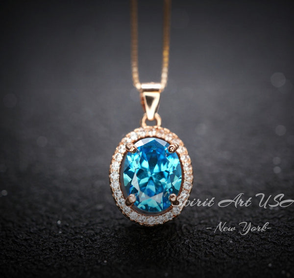 Dainty Blue Topaz Necklace - 18KGP Rose Gold Halo Blue Topaz Pendant - November Birthstone #185