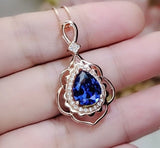 Tanzanite Necklace - Rose Gold 925 Sterling Silver Gemstone Flower Petal Leaf Pear Lab Created Tanzanite Pendant Jewelry #708