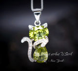 Genuine Peridot Necklace Sterling Silver Cat Kitty Necklace - Natural Green Peridot Pendant - 925 Silver Heart Chakra Pedridot Jewelry #222