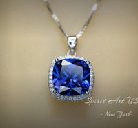 Large Tanzanite Necklace - 18KGP @ Sterling Silver - Halo Square Cushion Deep Blue 5CT Tanzanite #696