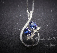 Tanzanite Necklace - Sterling Silver Leaf Double Stone December Birthstone Tiny Deliciated Lab Created Tanzanite Pendant #345