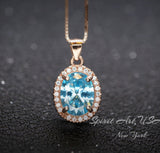 Aquamarine Necklace - Rose Gold Halo Blue Aquamarine Pendant - 18kgp @ Sterling Silver - March Birthstone #300