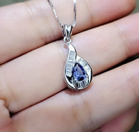 Tiny Teardrop Tanzanite Necklace - Sterling Silver Sim Dimond White Gold Plated Halo 0.5 CT Royal Blue Pear Pendant Minimalist Style 088