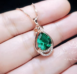 Teardrop Emerald Necklace - Rose Gold coated 925 Sterling Silver Pear Emerald Pendant - Delicate May Birthstone Green Emerald Gemstone #360