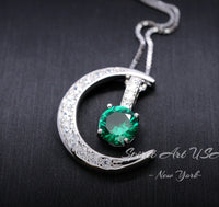 Crescent Moon Emerald Necklace - Sterling Silver One Necklace Two wear - Green Emerald Pendant - White Gold Plated #228