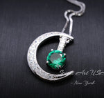 Crescent Moon Emerald Necklace - Sterling Silver One Necklace Two wear - Green Emerald Pendant - White Gold Plated #228