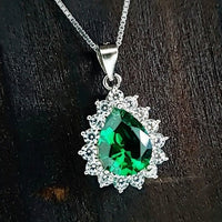 Teardrop Emerald Necklace Sterling Silver Gemstone Pear Halo White Gold Plated 2.5 CT Green Emerald Pendant jewelry #138