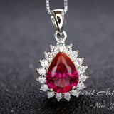 Halo Teardrop Ruby Necklace - Sterling Silver 18KGP - July Birthstone - Pear Cut Genuine Lab Growing Ruby Pendant #194