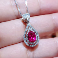 Ruby Necklace - Dainty Teardrop 925 Sterling Silver Ruby Jewelry - Tiny Halo Double Gemstone circle Red Gemstone Pendant #250