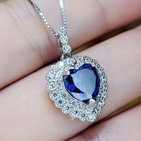 Tanzanite Necklace - 18k @ Sterling Silver - Gemstone Blue Ocean Heart Double Halo 2 CT Man created Vivid Energic Tanzanite Gemstone #474