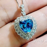 Blue Topaz Necklace - Double Halo Blue Heart Pendant, Ocean Heart Blue Topaz Jewelry - White Gold Sterling Silver #362