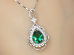 Large Emerald Necklace - 18KGP Sterling Silver - Flower Leaf Teardrop Emerald Jewelry- May Birthstone - Solitaire Halo Emerald Pendant #535