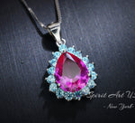 Teardrop Pink Sapphire Necklace - Aquamarine Halo Pink Sapphire Pendant - 18KGP - Sterling Silver - 2.75 CT Fuchsia Gemstone Jewelry #669