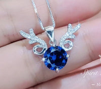 Blue Sapphire Necklace - 18KGP @ Sterling Silver - 2 CT Blue Sapphire Pendant - Gemstone Antler Deer Jewelry #340