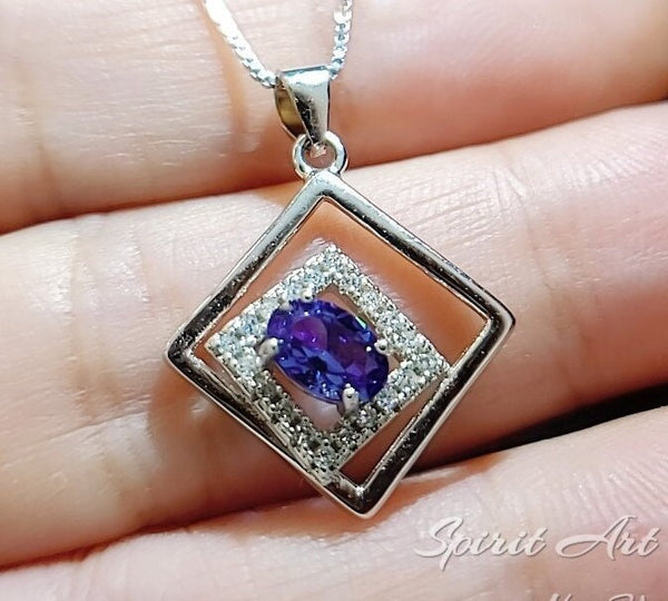 Tiny Geometric Tanzanite Necklace Blue Gemstone white gold at Sterling Silver Double Square Jewelry - Tanzanite Pendant 031