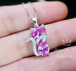 Cat Pink Tourmaline Necklace, Kitty Cat Pendant Gemstone White Gold Plated Sterling Silver Pets Lover Jewelry #213