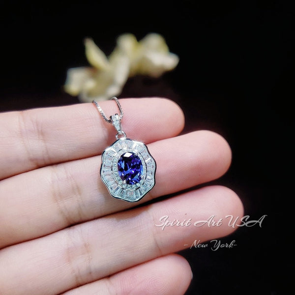 Tanzanite Necklace - Lotus Flower Pendant - 18KGP @ Sterling Silver - December Birthstone - Lab Created Blue Tanzanite Pendant #522